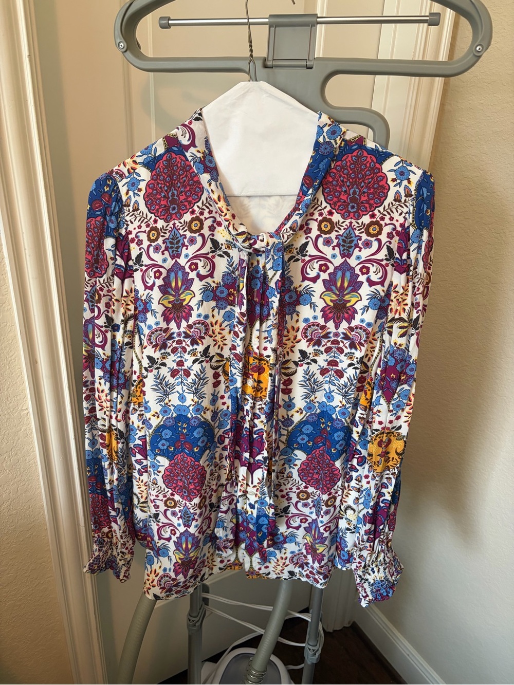 Talbots White Floral Tie-Neck Blouse with Blue and Pink Accents
